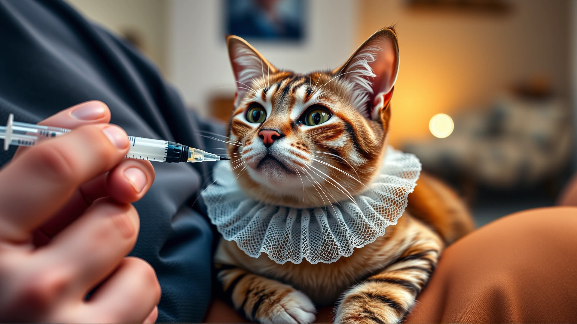 Domestic cat wearing an Elizabethan collar resting on owner's lap while owner gives oral medication with a syringe; cozy home environment, warm ambient light.