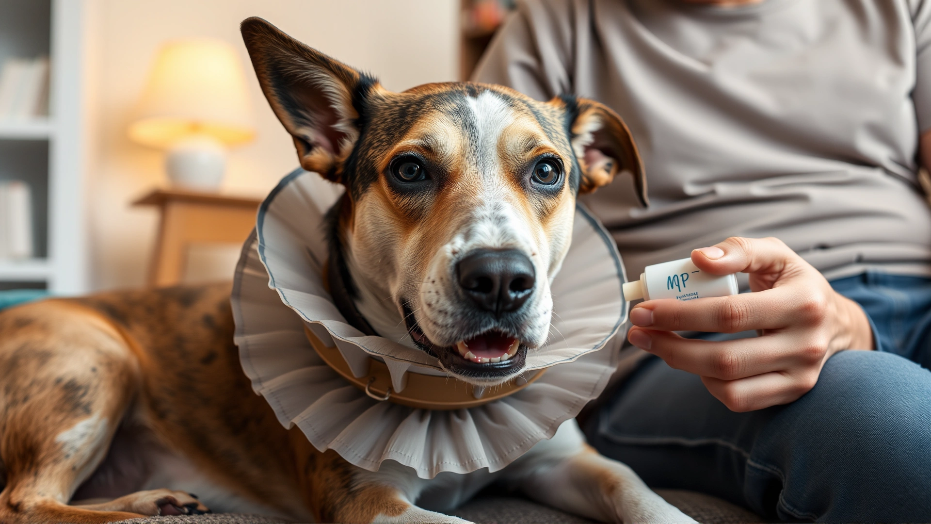 Dog wearing an Elizabethan collar resting at home while owner administers oral medication