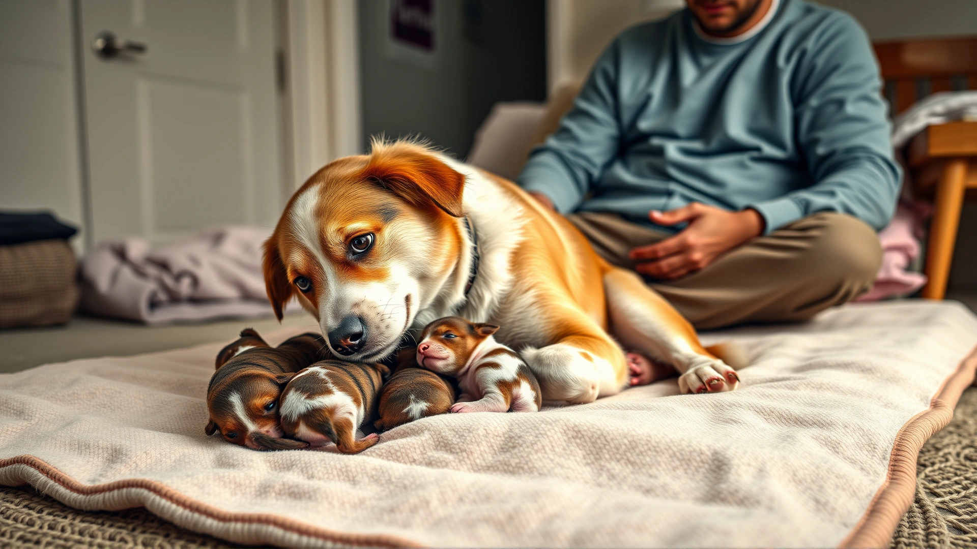 Happy mother dog nursing her newborn puppies on a clean blanket at home while the owner gently watches, warm ambient lighting.
