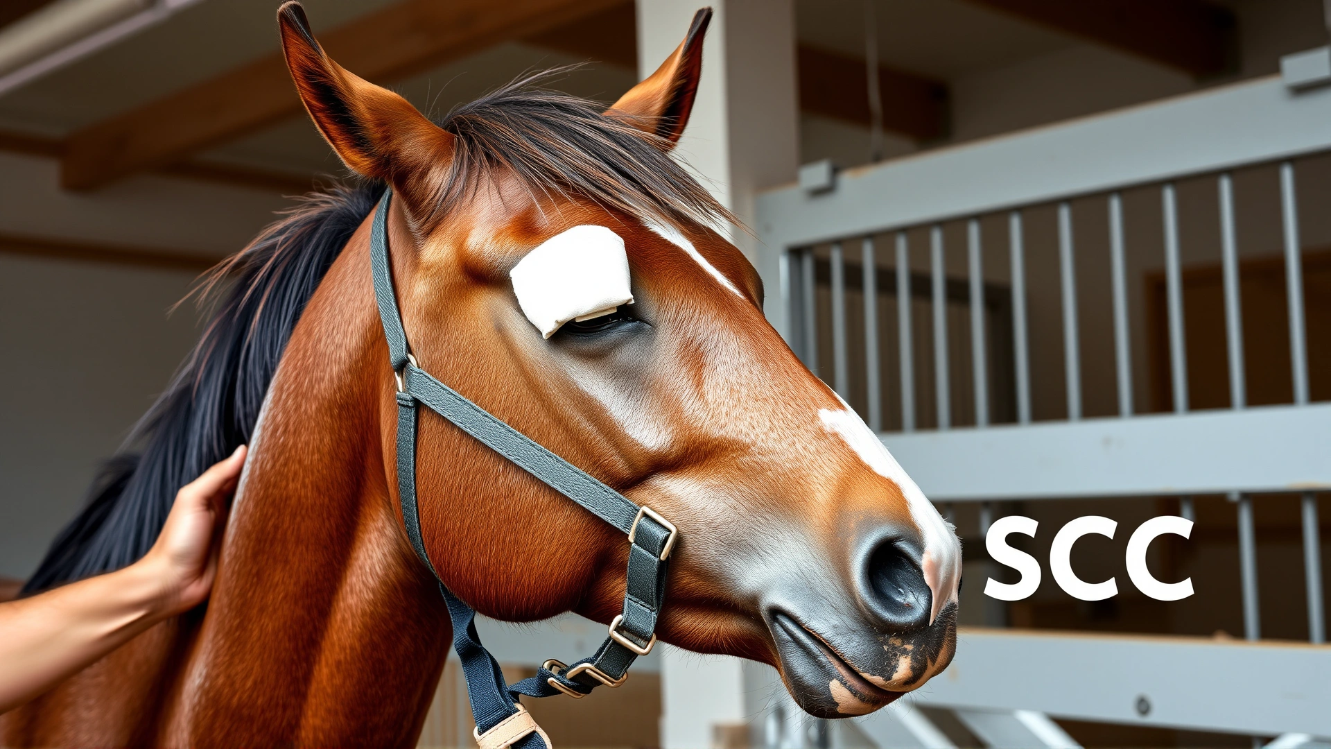 Horse recovering in a clean stable with a protective bandage over its eyelid, owner gently holding the halter, symbolizing post-surgical care after SCC treatment.