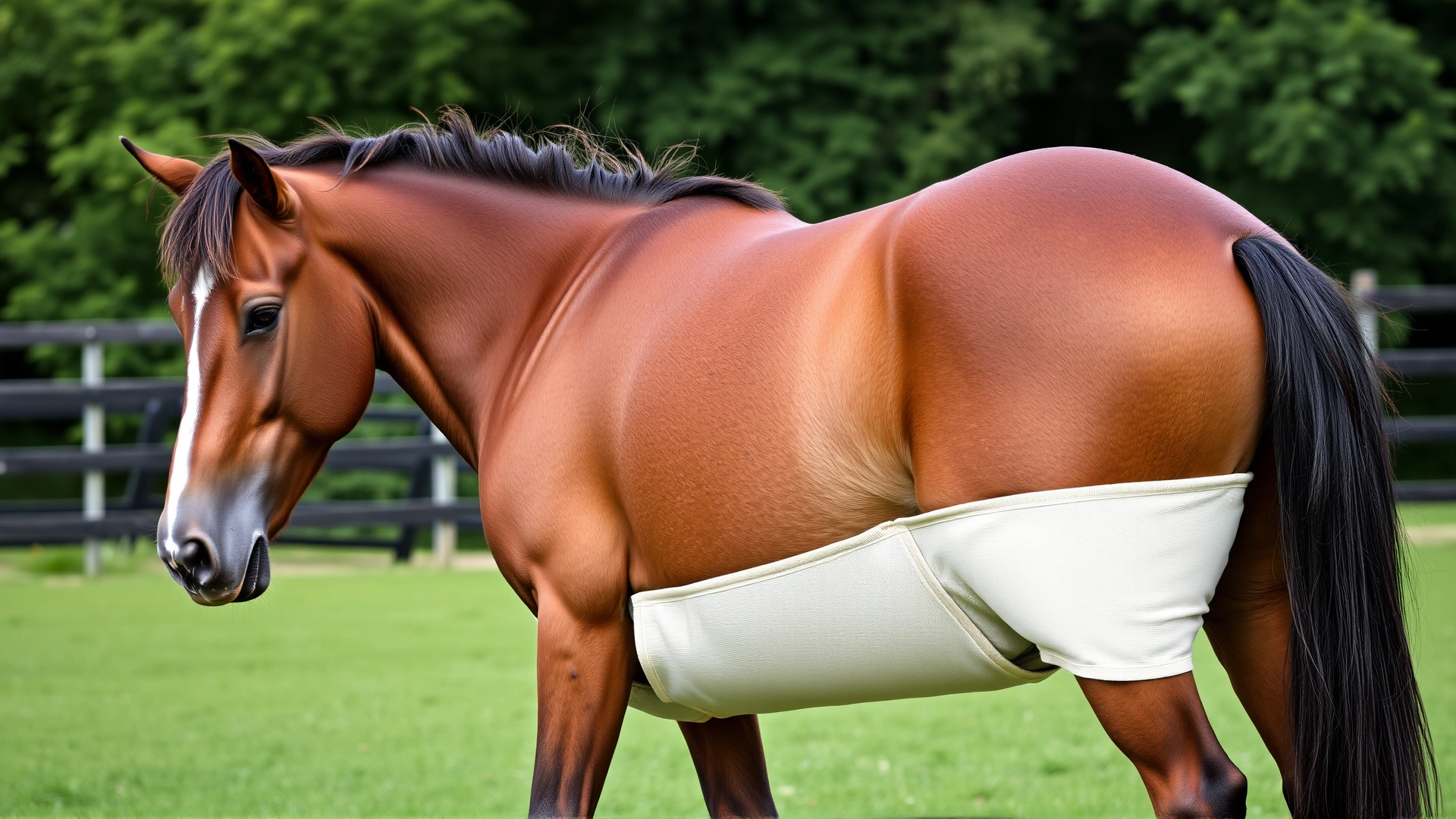 Horse wearing a supportive belly bandage while grazing calmly in a green paddock during recovery from hernia surgery.