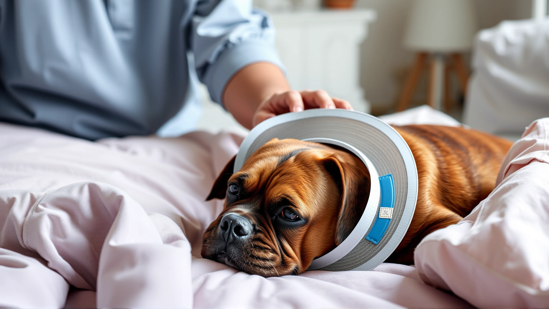 Domestic scene with a dog wearing an Elizabethan collar resting on a soft bed while its owner gently pets it, conveying postoperative care at home. No text.