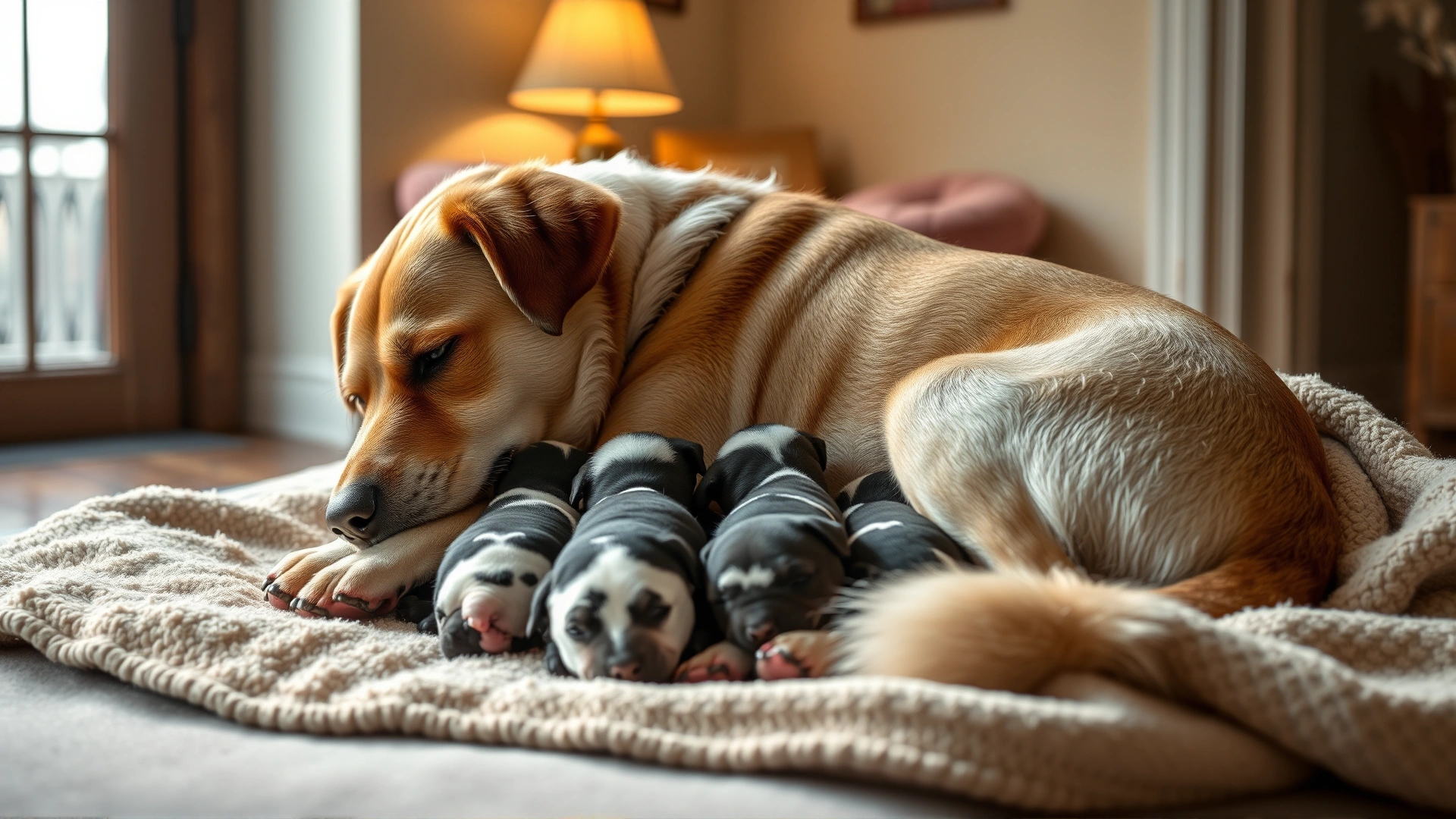 Mother dog calmly nursing a litter of newborn puppies while resting on fresh blankets in a warm, softly lit room