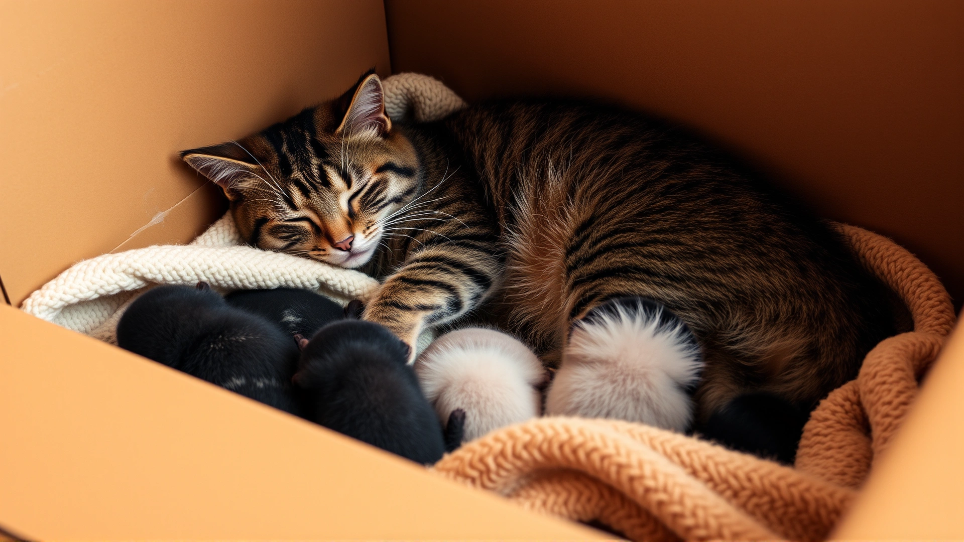 Mother cat resting in a cardboard box lined with blankets, surrounded by a few newborn kittens, warm indoor lighting, no text.