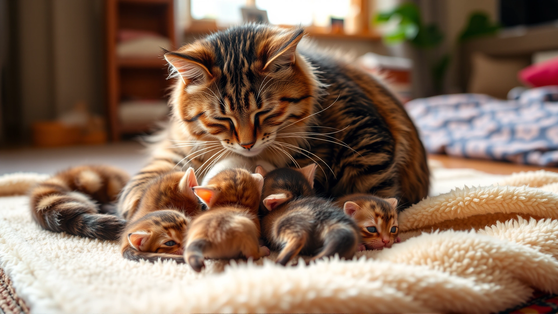 Mother cat grooming a small litter of kittens on a soft fleece blanket in a warm indoor environment