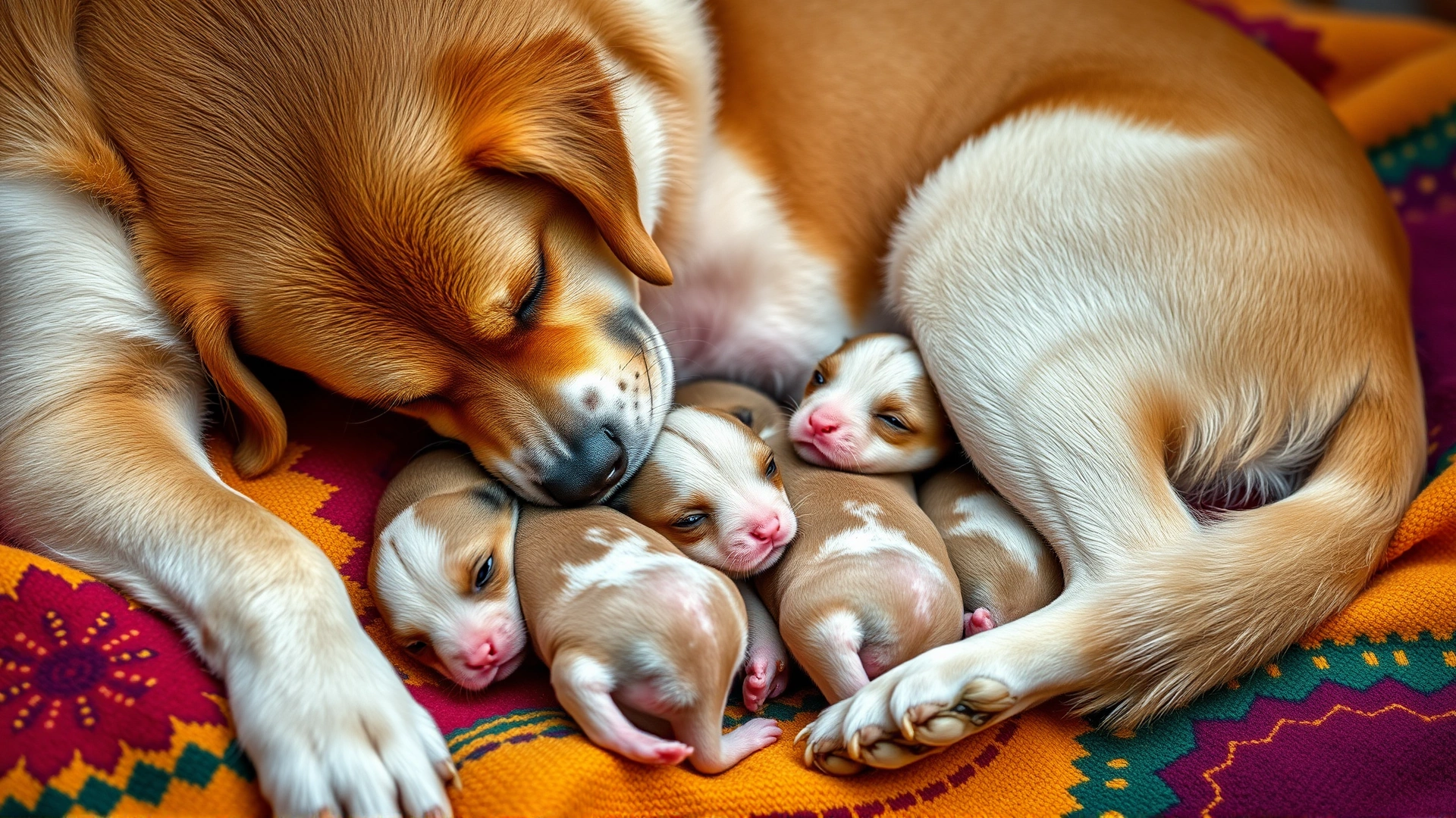 Mother dog gently nursing her newborn puppies on a colorful blanket, tender atmosphere