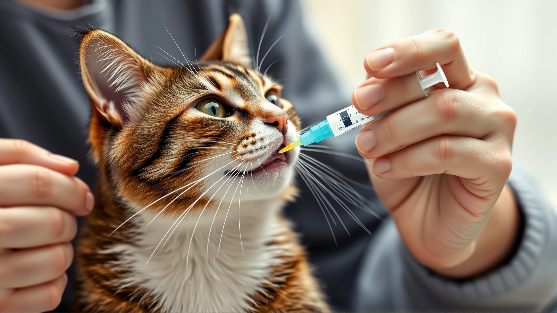 Cat owner giving an oral potassium gel supplement to their cat with a small syringe.