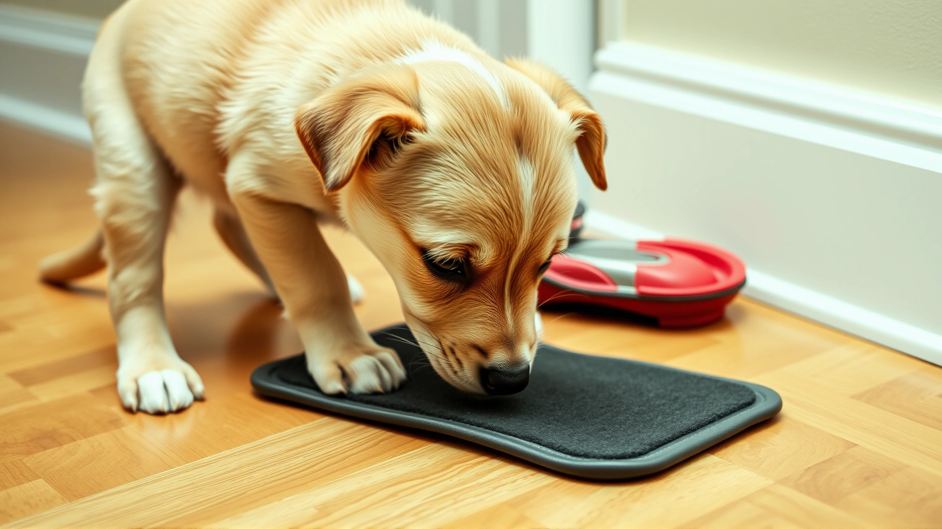 A small puppy sniffing a training pad placed on a hardwood floor, emphasizing house-training tools.
