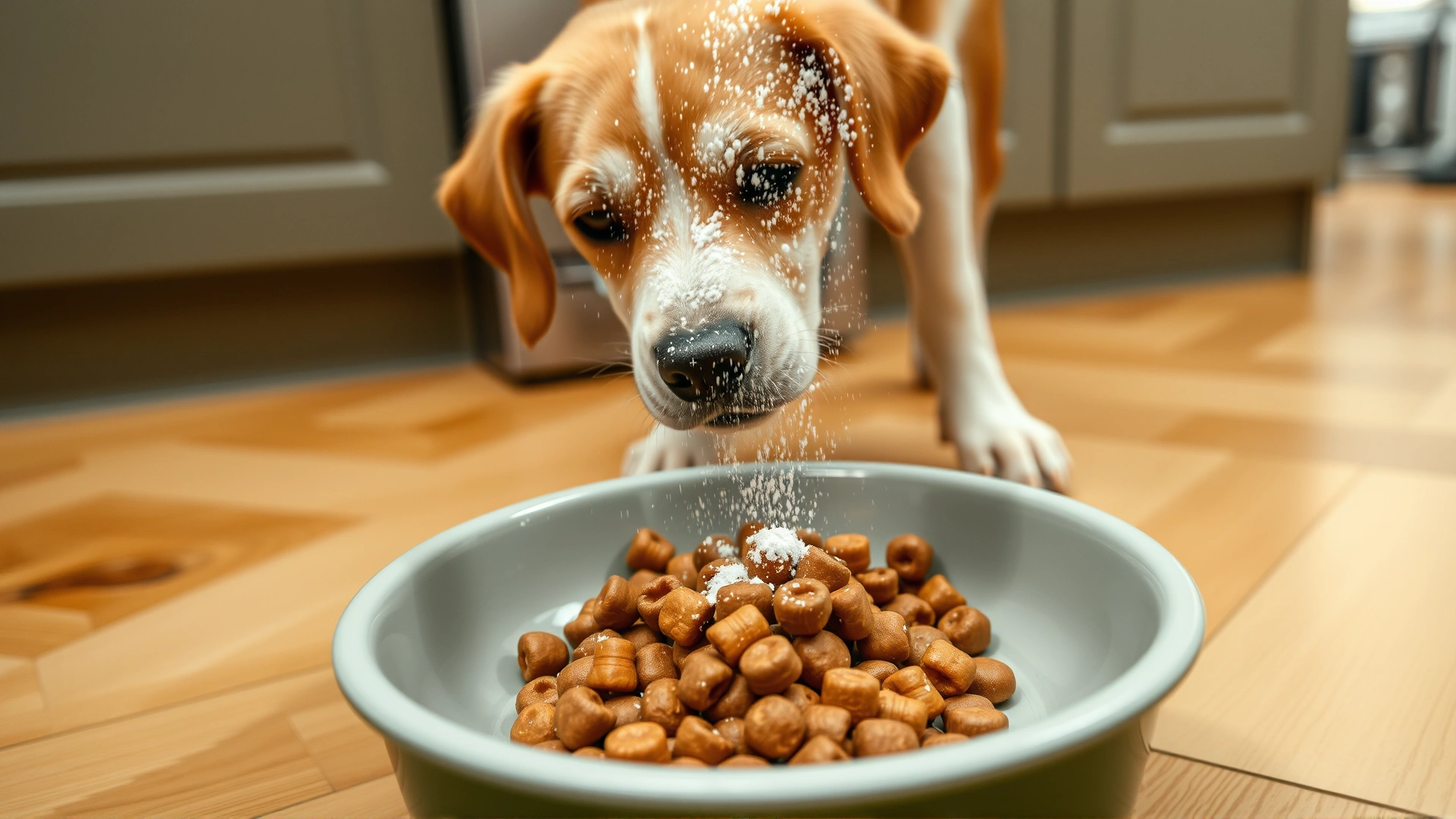 Dog bowl with kibble sprinkled with powdered medication on kitchen floor.