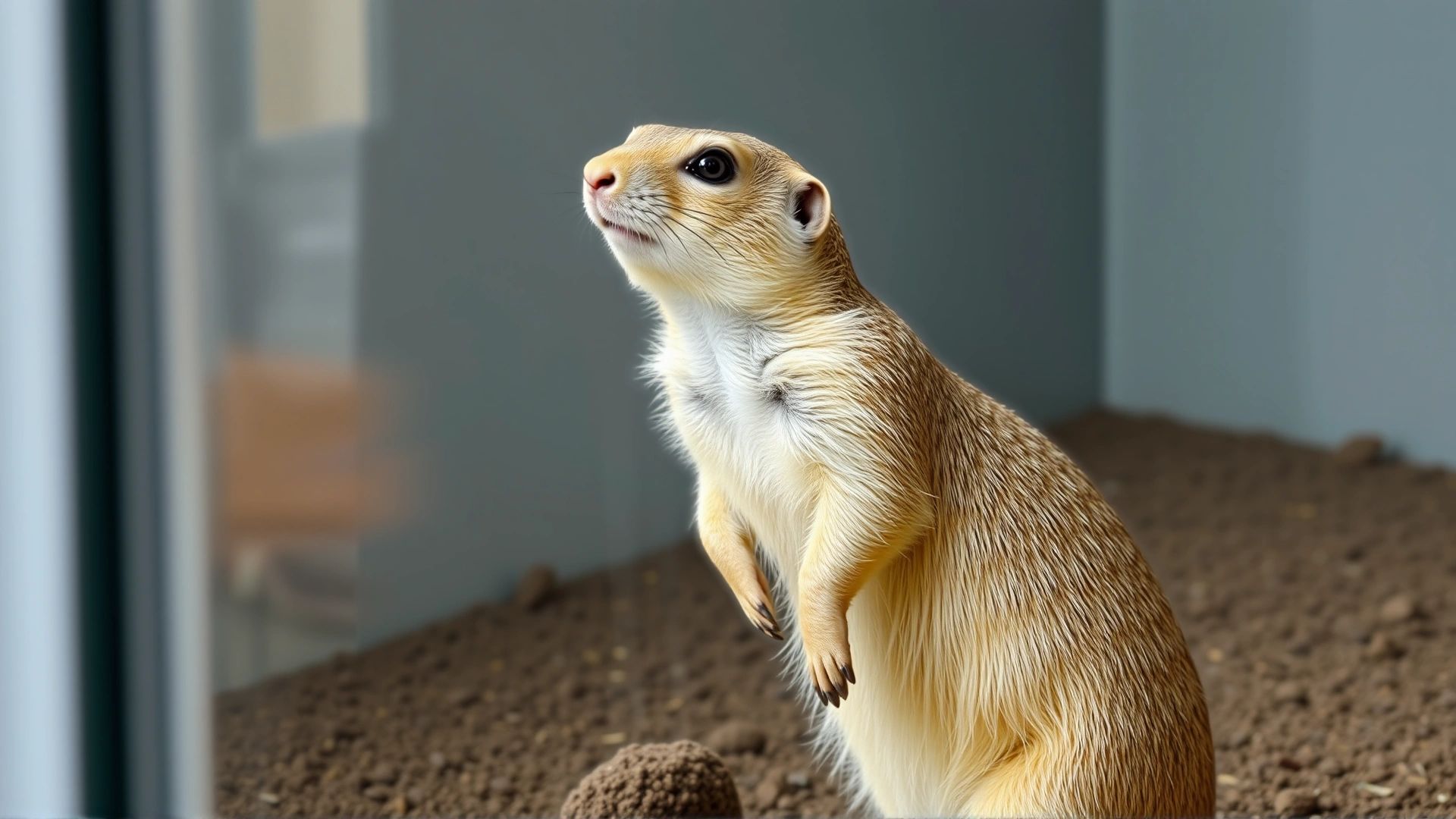 Curious prairie dog standing on hind legs, looking alert inside a clean enclosure