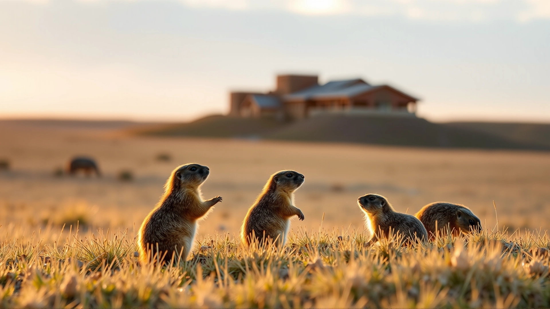 Wide shot of several prairie dogs interacting on an open prairie at sunrise, soft golden light, no text