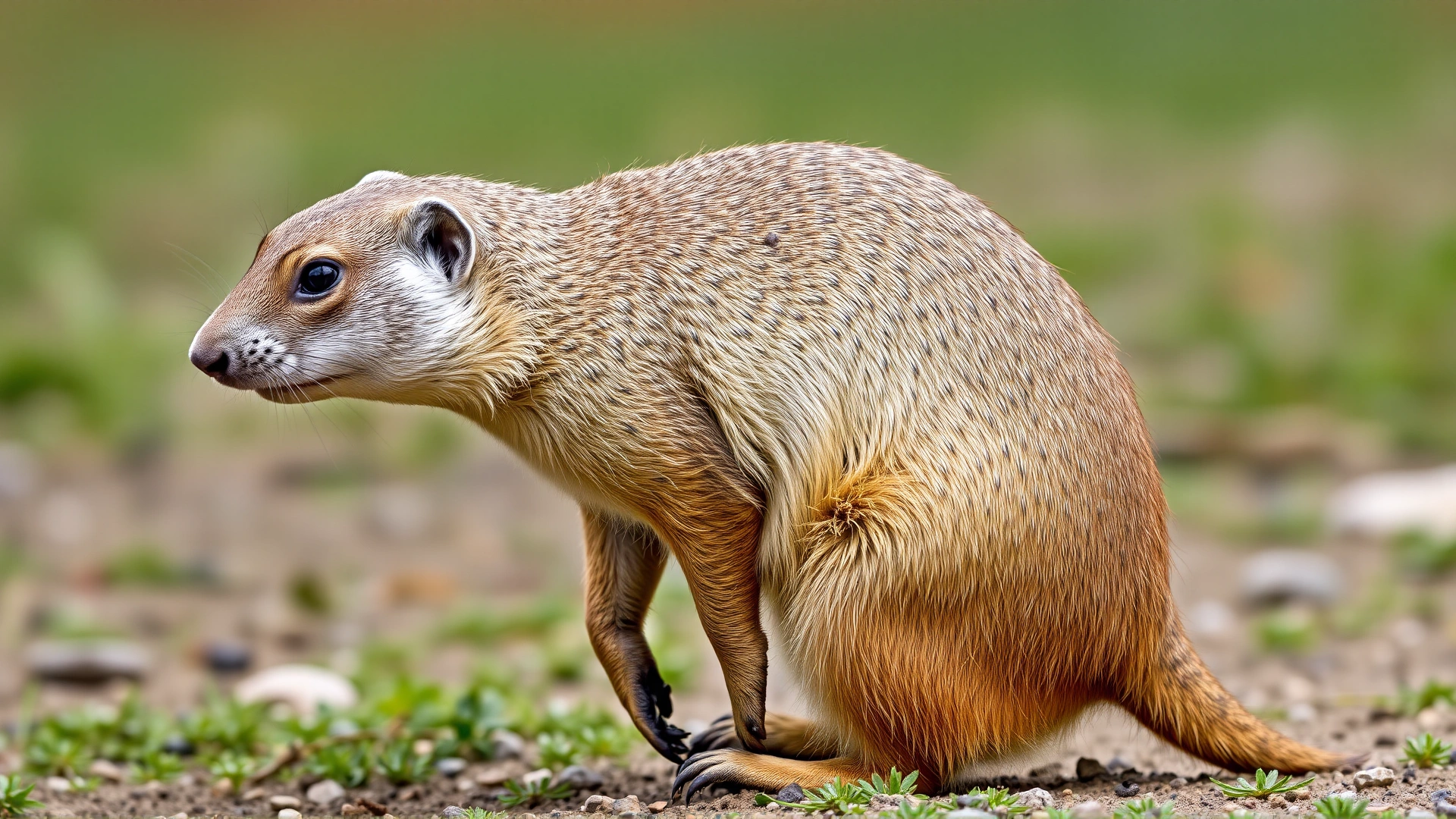 Prairie dog showing visible bald patches on its neck and back while standing on hind legs.