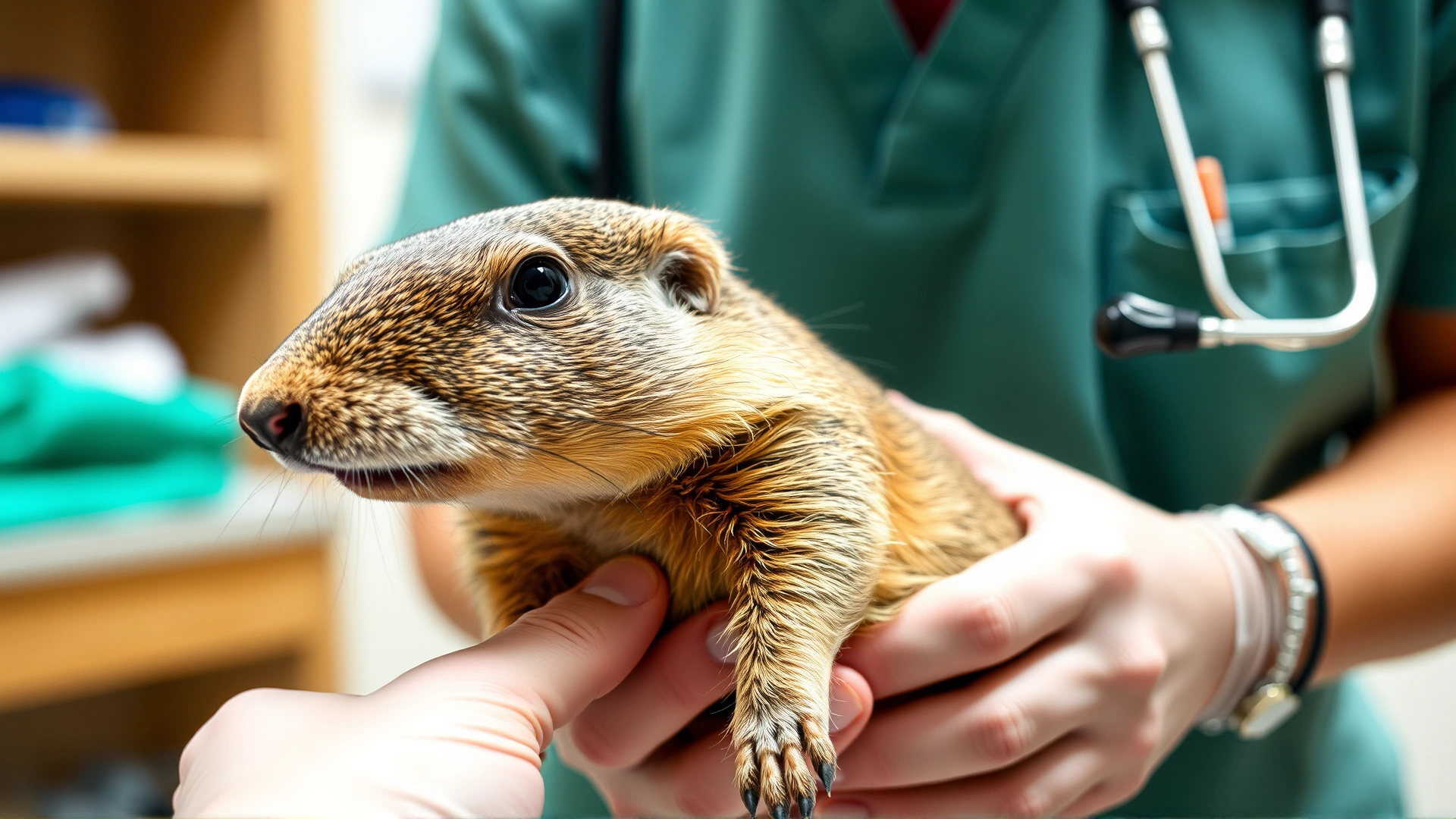 Prairie dog being gently held by a veterinarian inspecting its injured hind leg, clinical environment, soft focus