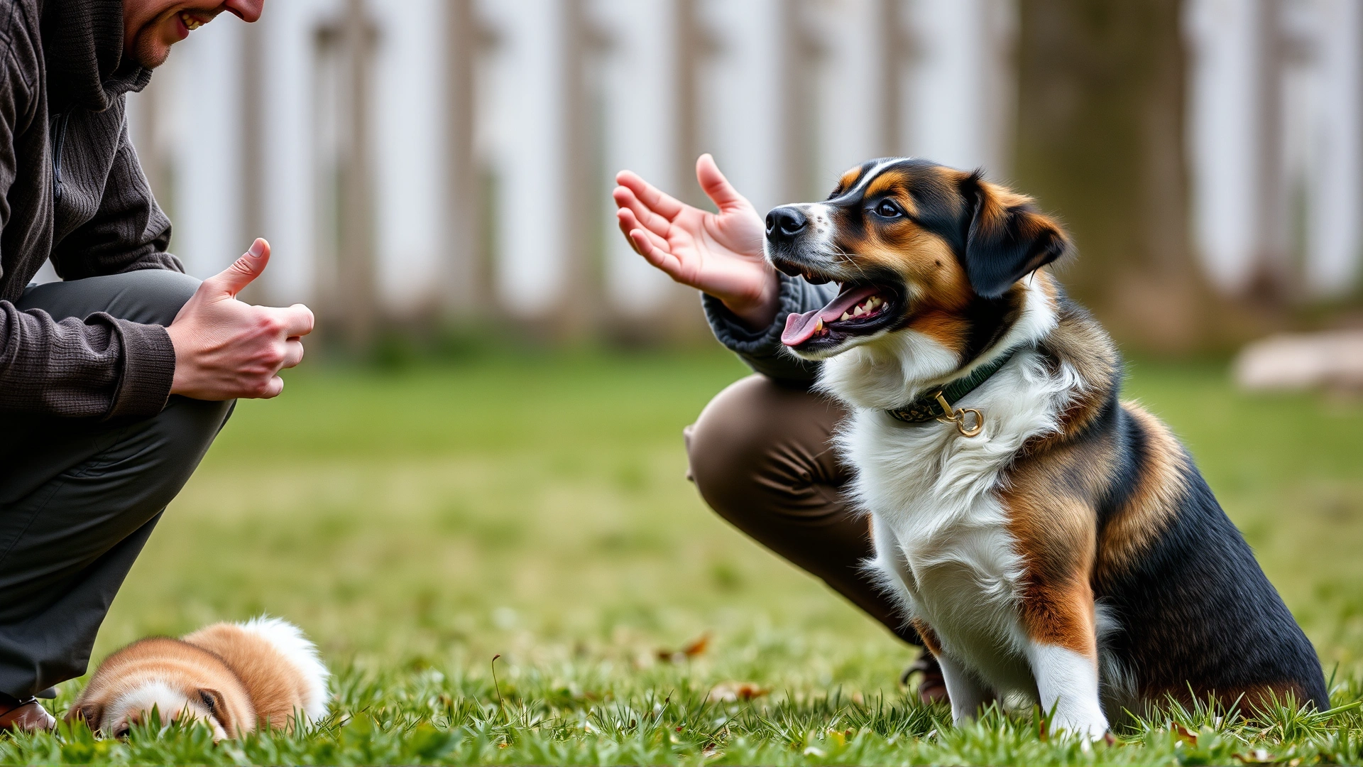 Owner crouching and verbally praising a sitting dog with an excited expression—no food present.