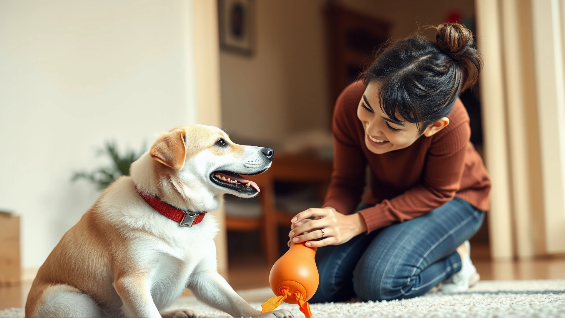 AI-generated image: Owner kneeling indoors, smiling and gently petting a dog that just delivered its toy; warm lighting, blurred homely background, conveys positive reinforcement
