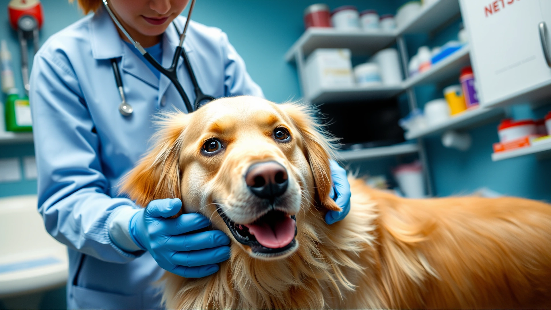Veterinarian using a stethoscope to examine a relaxed Golden Retriever in a clinic exam room, shelves of medical supplies in the background