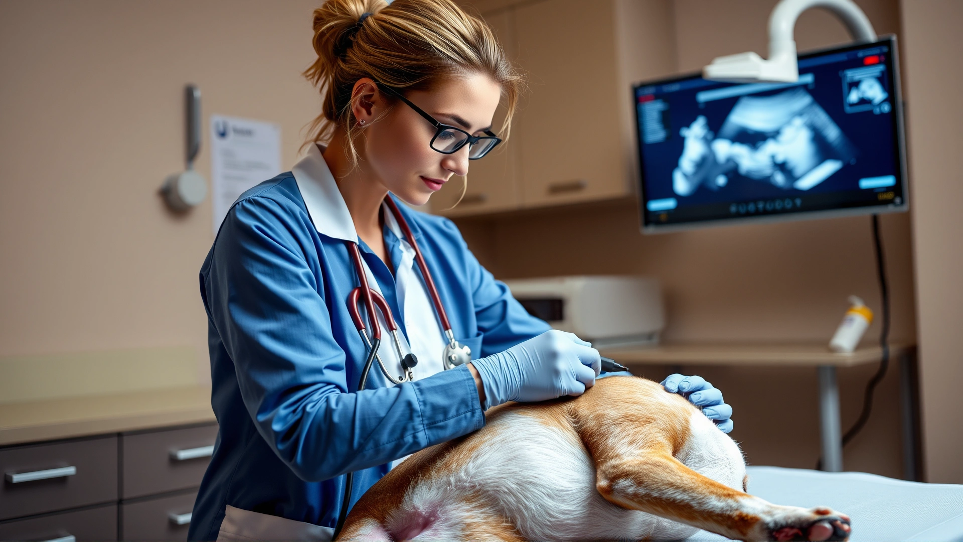 Female veterinarian using an ultrasound probe on a dog's belly in a well-lit examination room