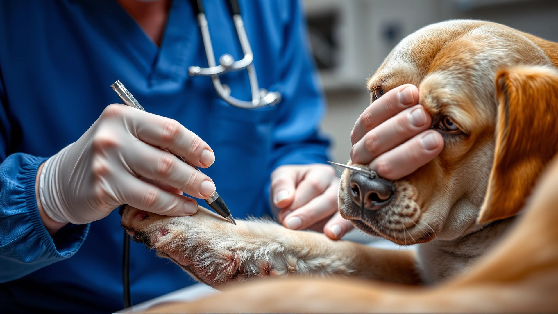 Close-up of a veterinarian drawing blood from a dog's foreleg while a technician comforts the animal.