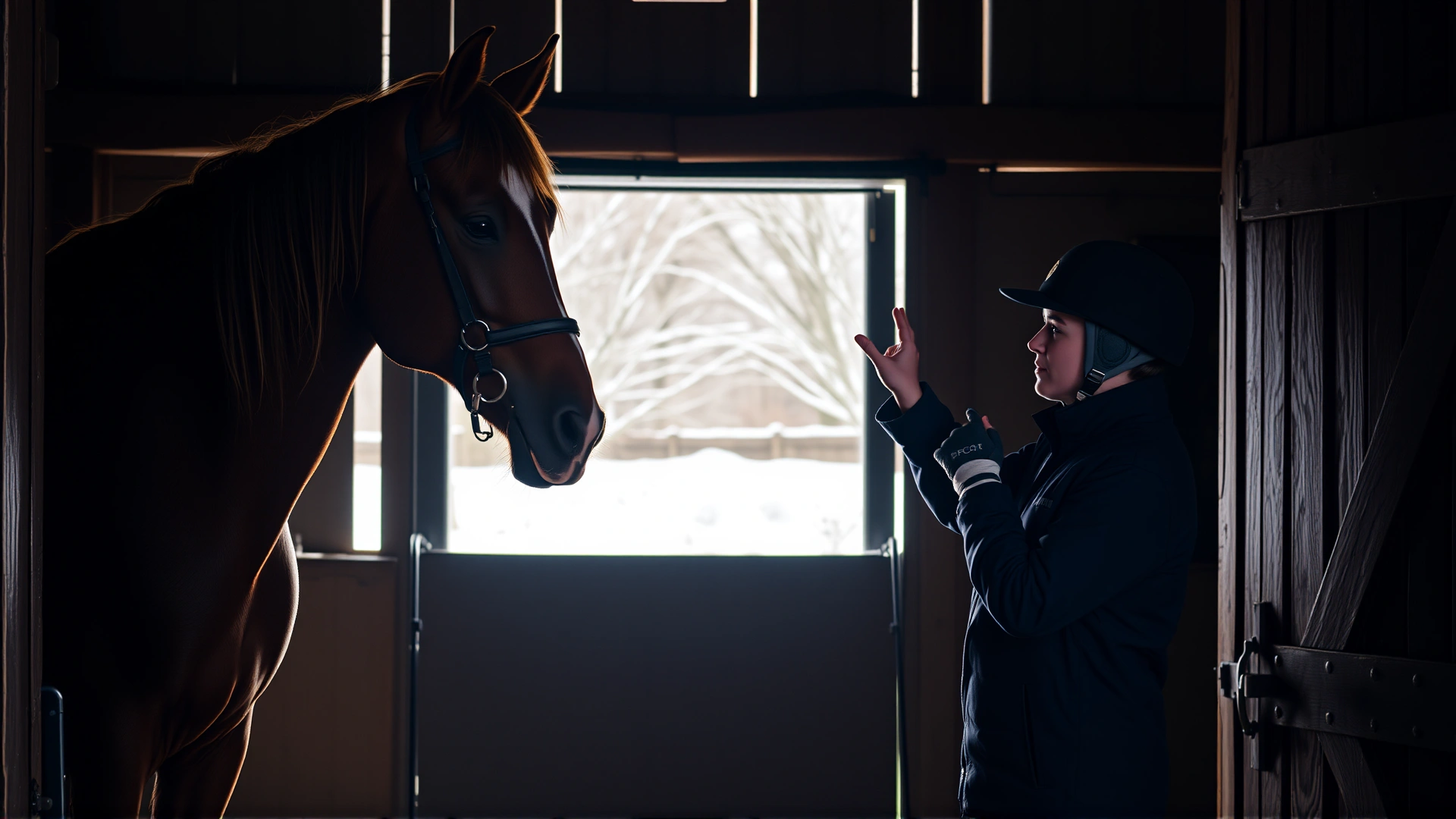 A rider inside a barn softly touching the horse's ears and legs during a pre-ride inspection, while snow is visible outside the open barn door.