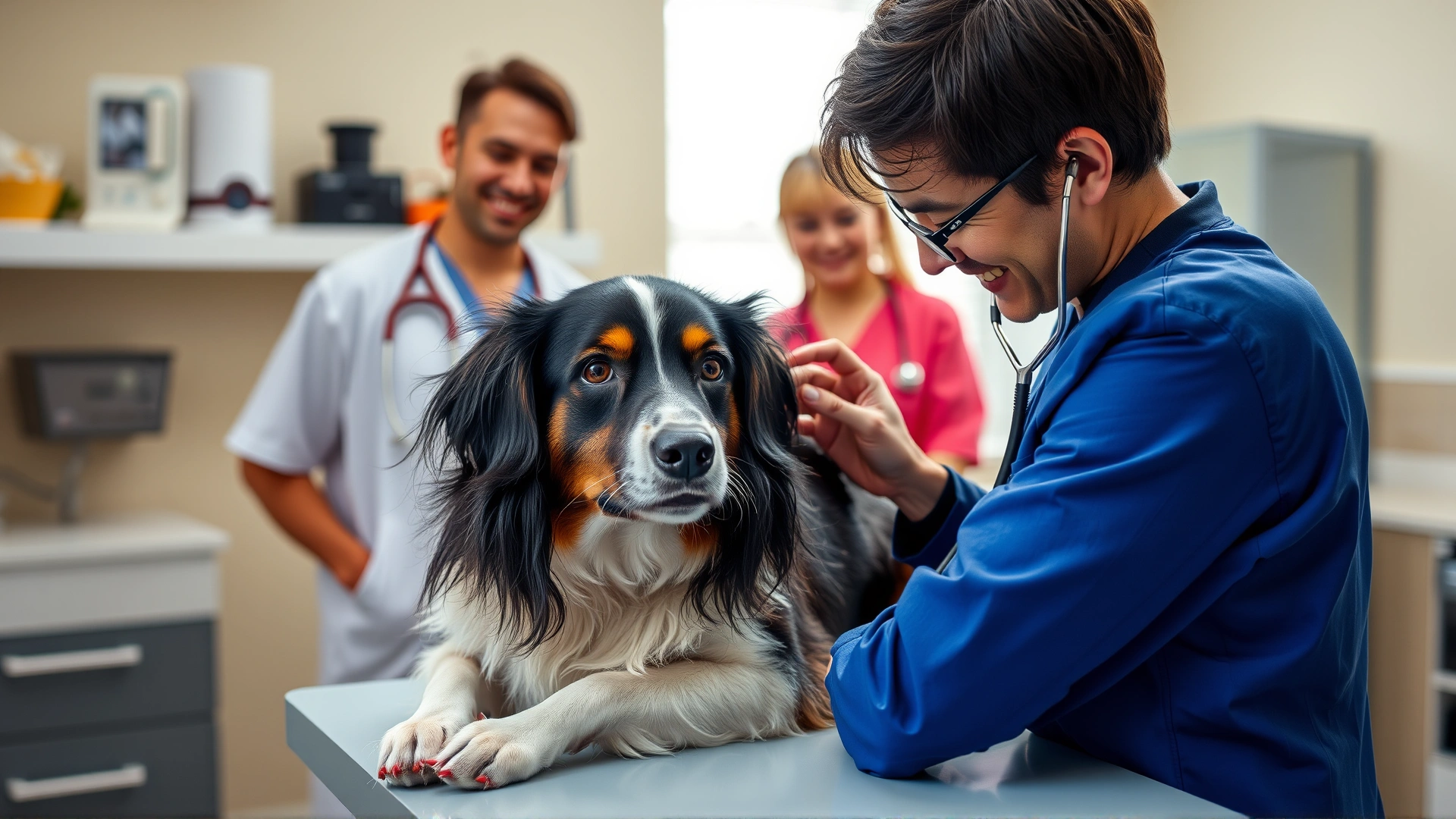 Veterinarian examining a dog on an examination table, listening with stethoscope, with the smiling owner standing nearby