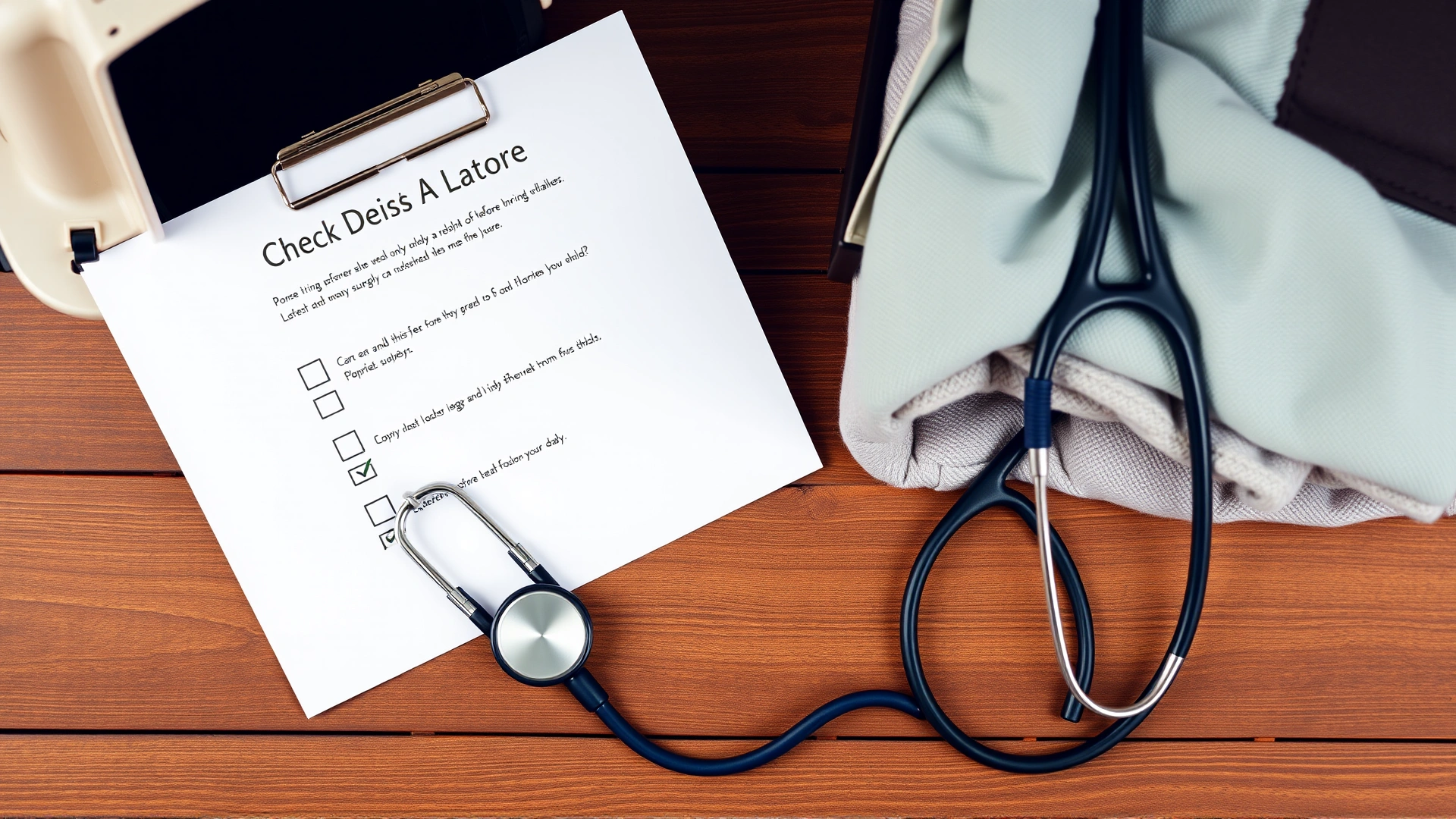 Flat-lay photograph of a cat carrier, folded blanket, and a checklist with stethoscope on a wooden surface, representing items needed before bringing a cat for surgery. No readable text on the checklist to avoid inaccuracies.