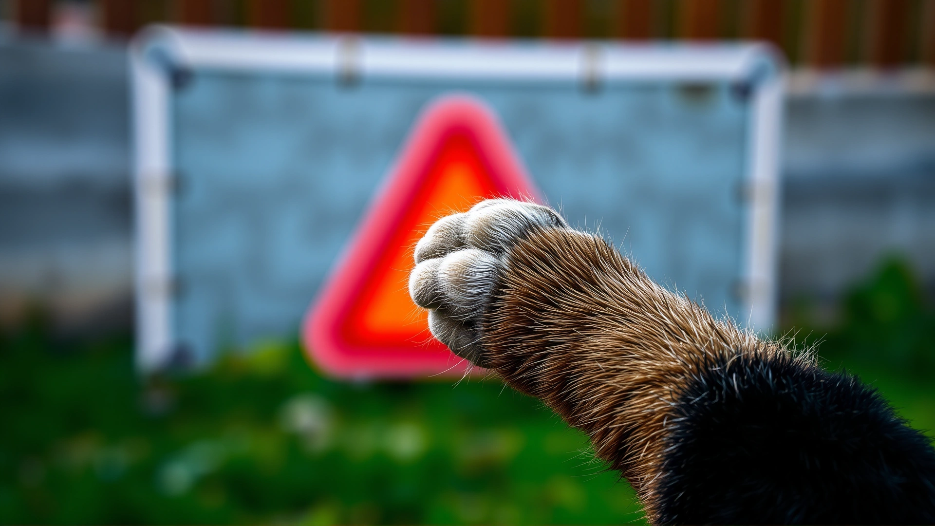 Artistic shot of a dog's paw raised slightly with a blurred red warning triangle sign in the background, conveying caution