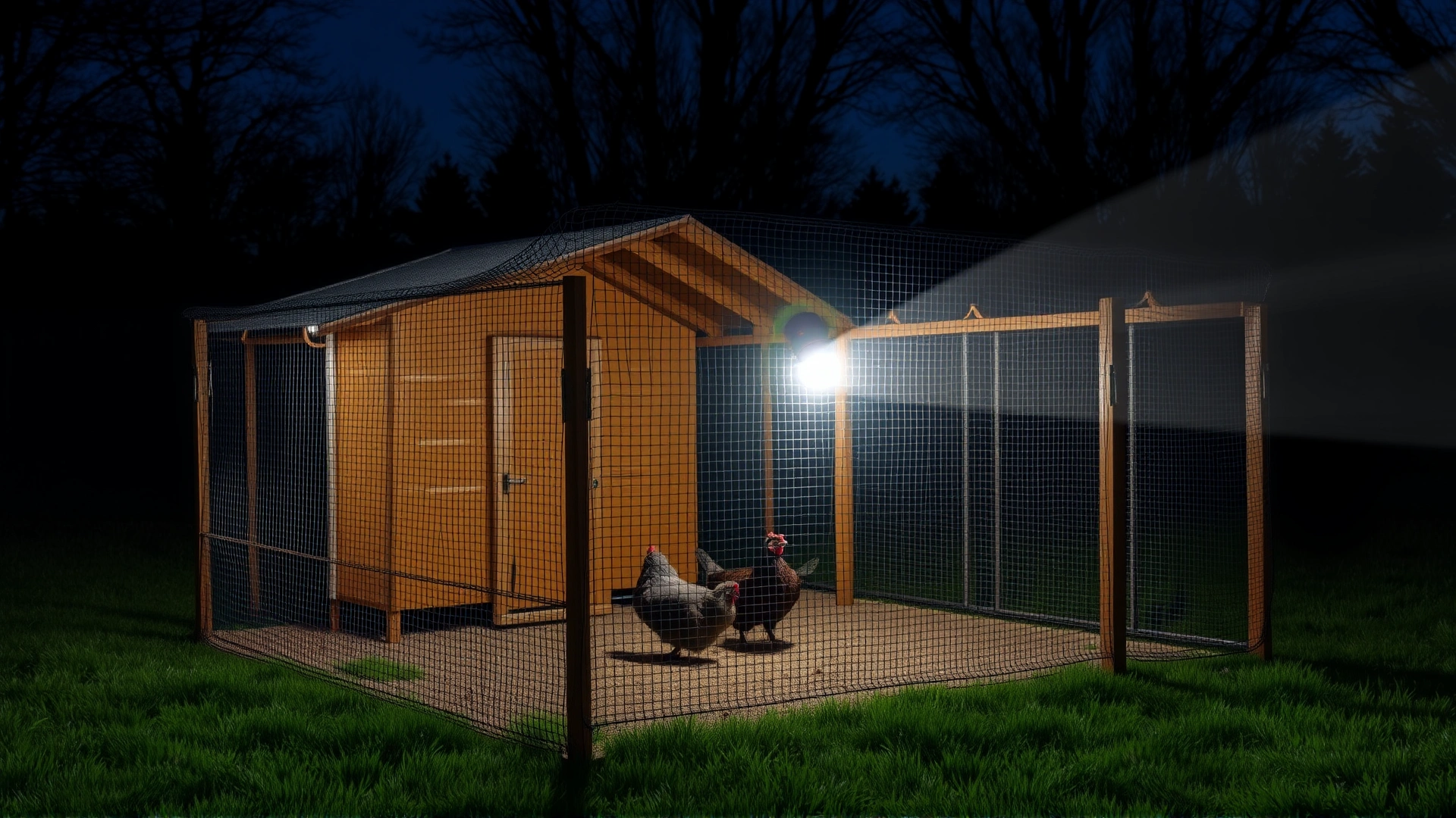 Nighttime image of a backyard chicken coop surrounded by sturdy hardware cloth mesh with a motion-activated light shining, illustrating predator protection.