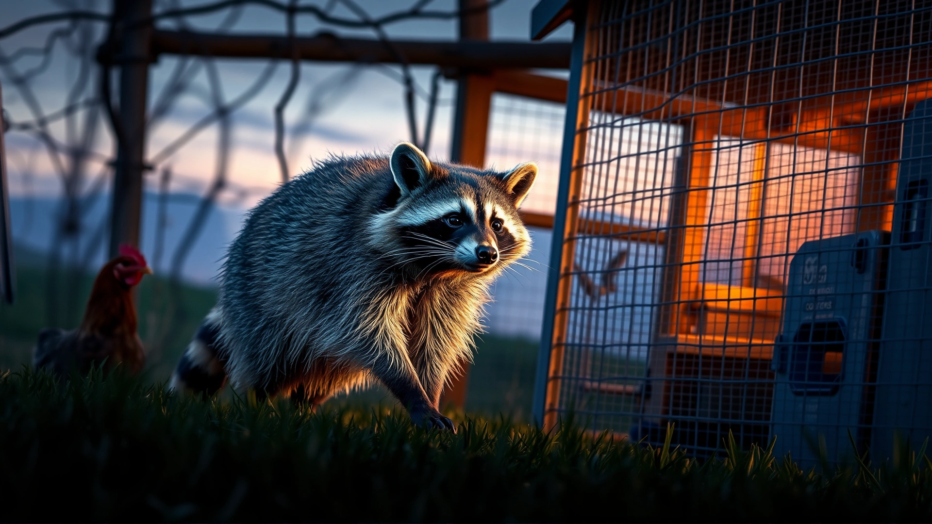 Raccoon prowling near a chicken coop at dusk, highlighting predator risks.