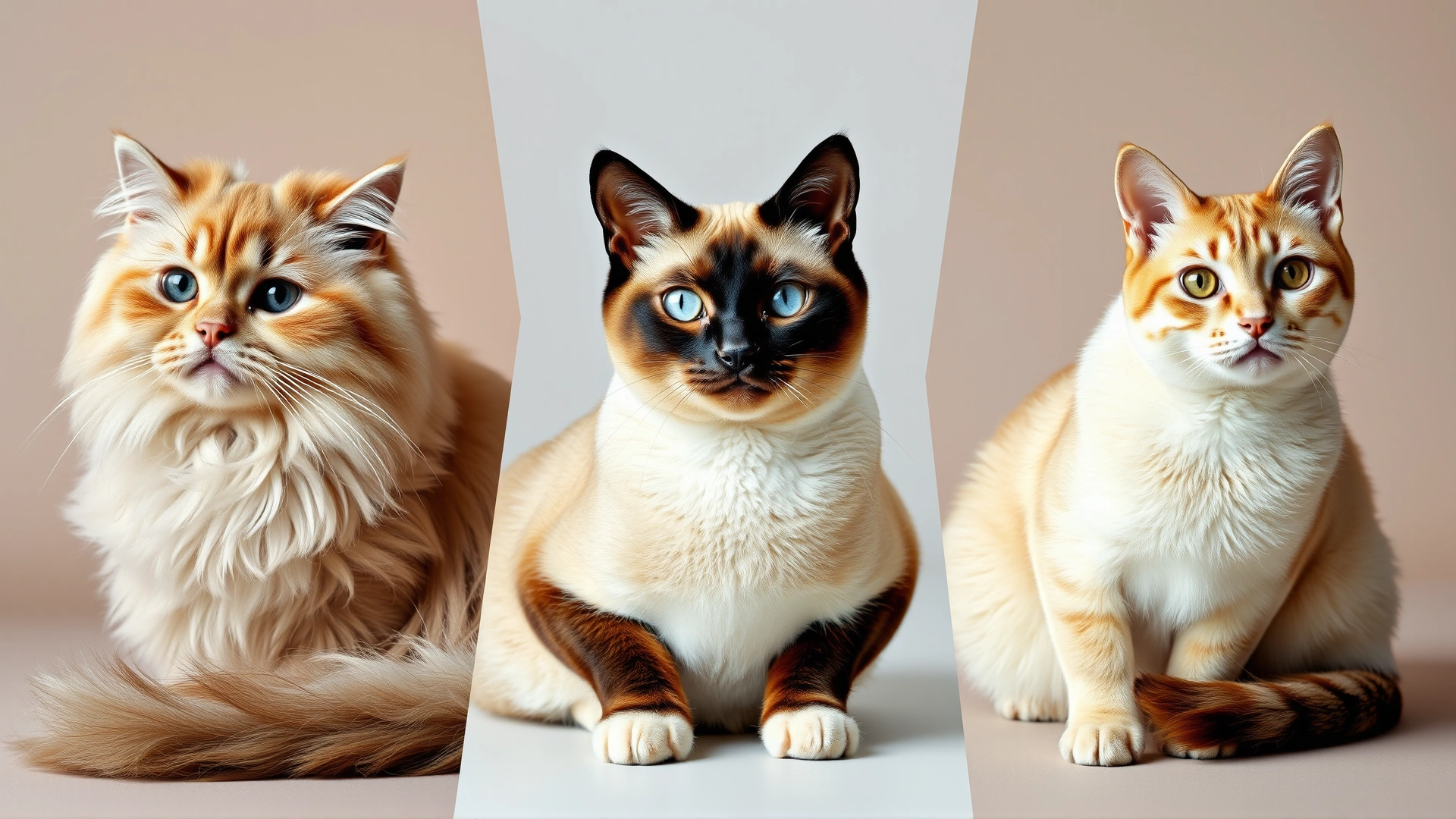 Collage of three cats (Persian, Himalayan, Siamese) sitting calmly, well-lit studio background, each facing the camera to illustrate breeds predisposed to the condition, no text.