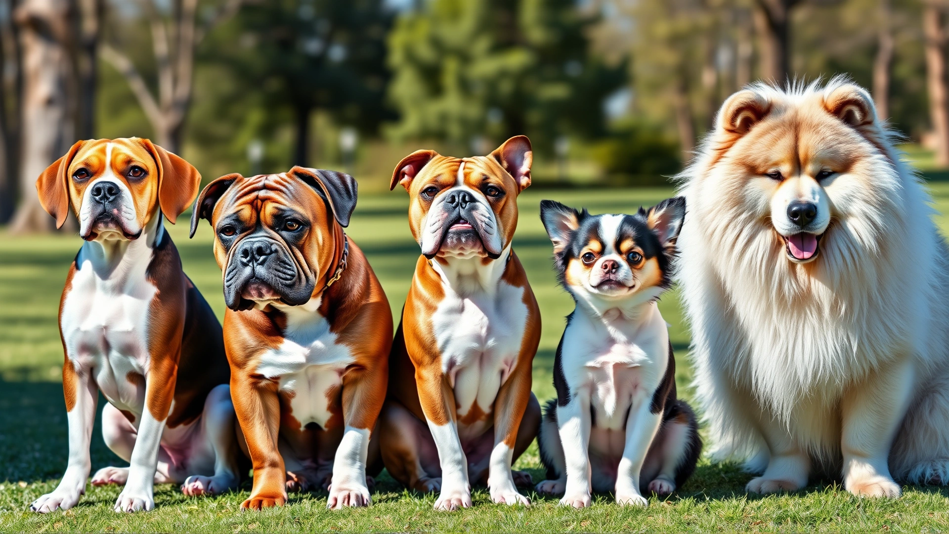 Collage of five dog breeds prone to pulmonic stenosis (Beagle, Boxer, English Bulldog, Chihuahua, Samoyed) sitting together in a sunny park.