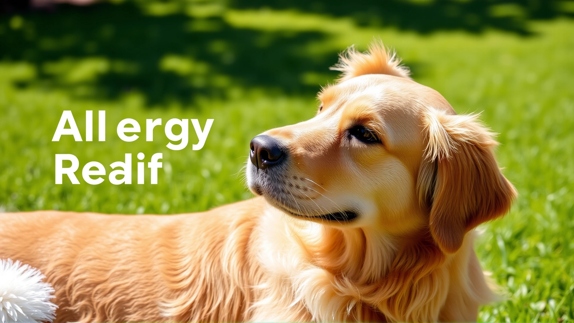 Golden retriever scratching its ear on a grassy lawn, conveying allergy relief theme, sunny outdoor setting