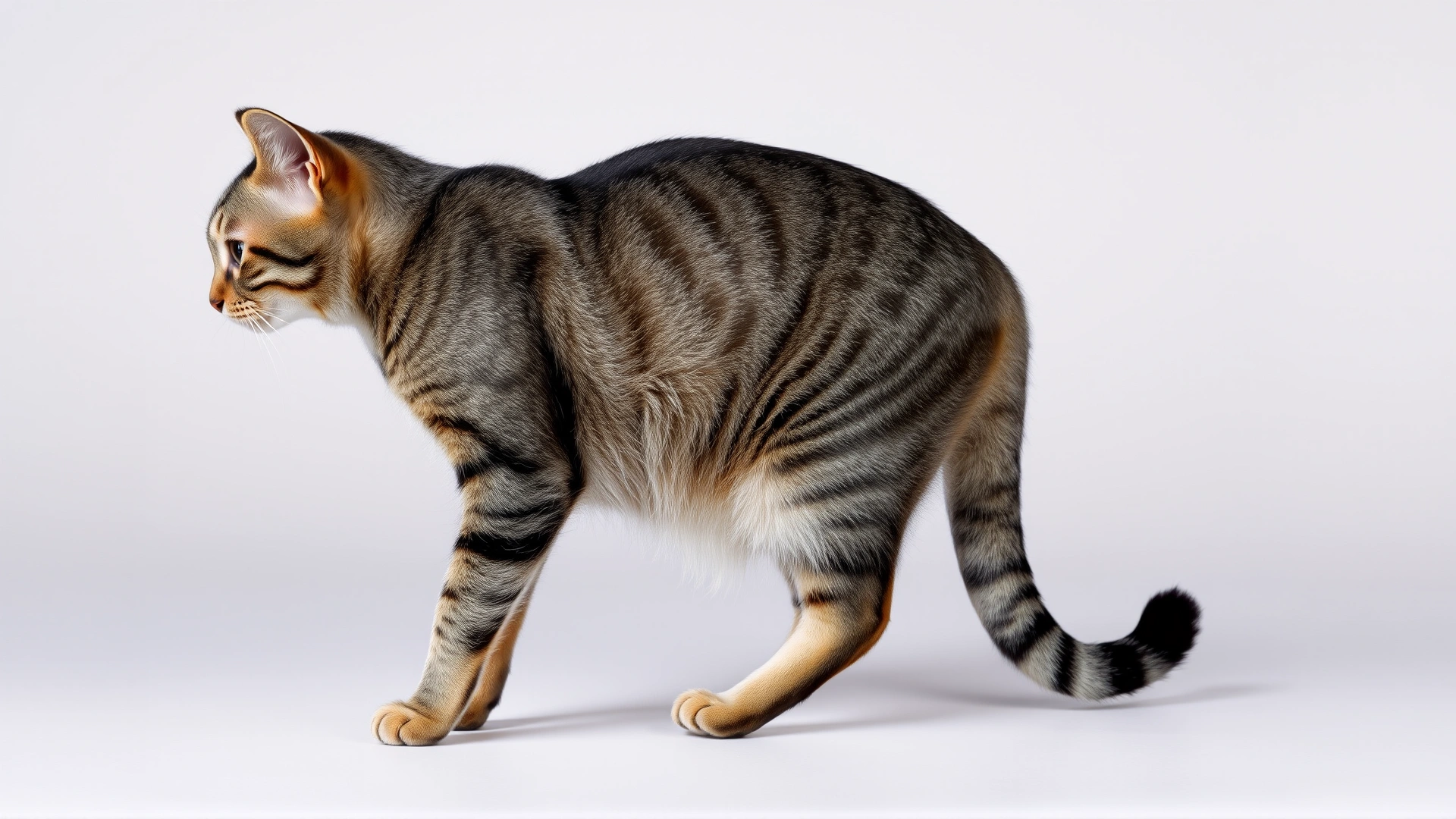 Side profile photograph of a pregnant tabby cat standing, showing a slight belly bulge against a neutral light background, no text.