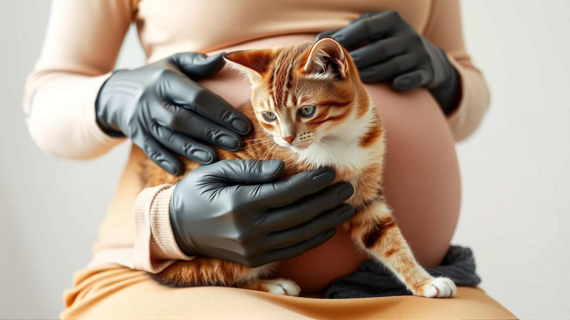 Pregnant woman wearing gloves while gently petting her cat, showing safe interaction during pregnancy.