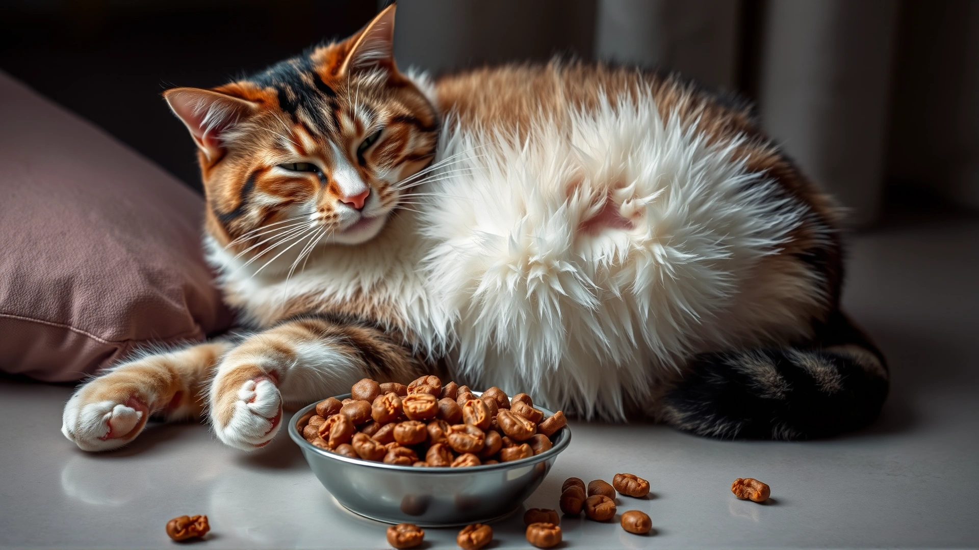 Relaxed pregnant cat with a visible belly lying next to a bowl of nutrient-rich cat food.