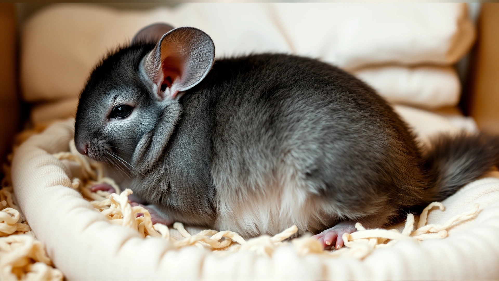 Full-body image of a pregnant chinchilla resting comfortably in clean bedding, showing a slight abdominal bulge, captured in natural soft lighting to highlight the animal’s fur texture.