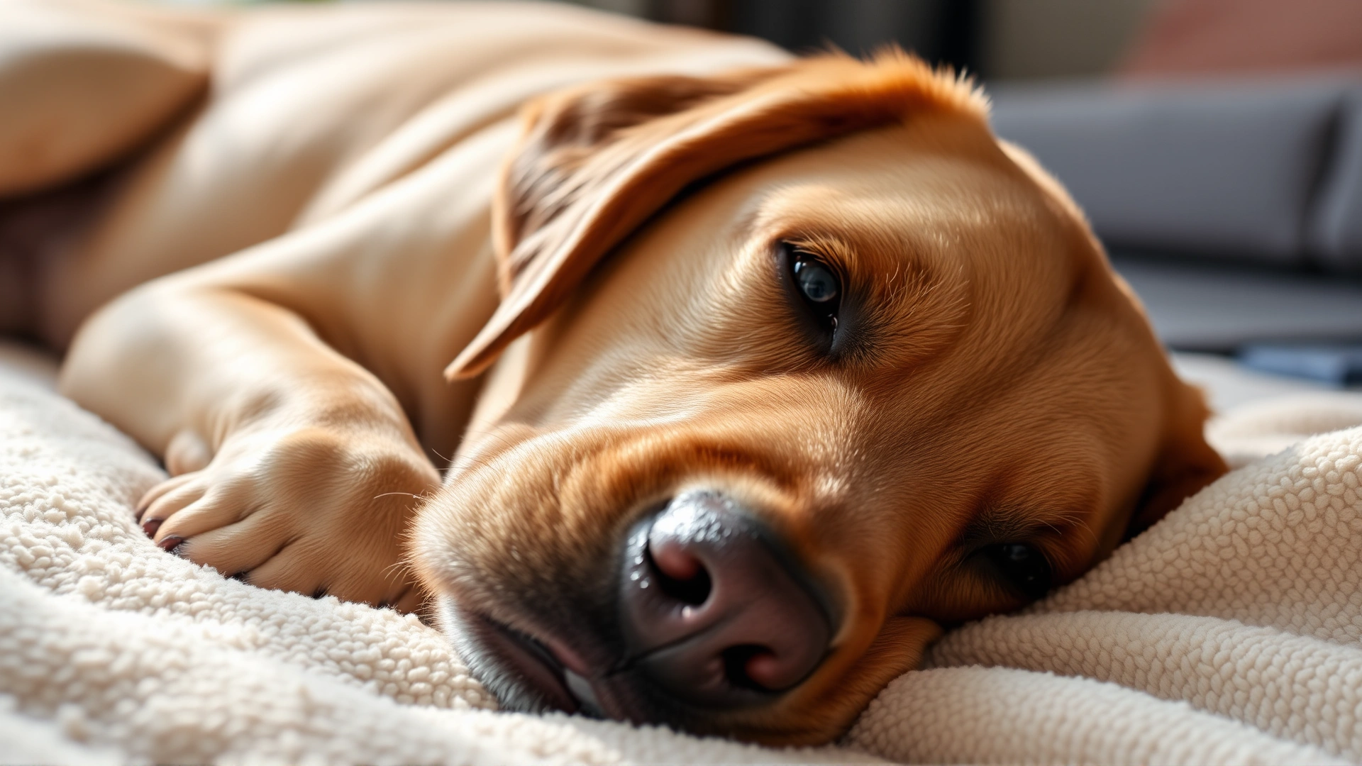 Close-up photo of a visibly pregnant Labrador Retriever lying on her side on a soft blanket, gentle natural lighting