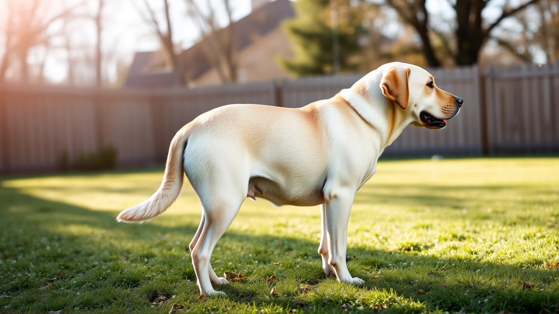 Side profile of a pregnant Labrador Retriever standing in a backyard, clearly showing her rounded abdomen in soft sunlight.