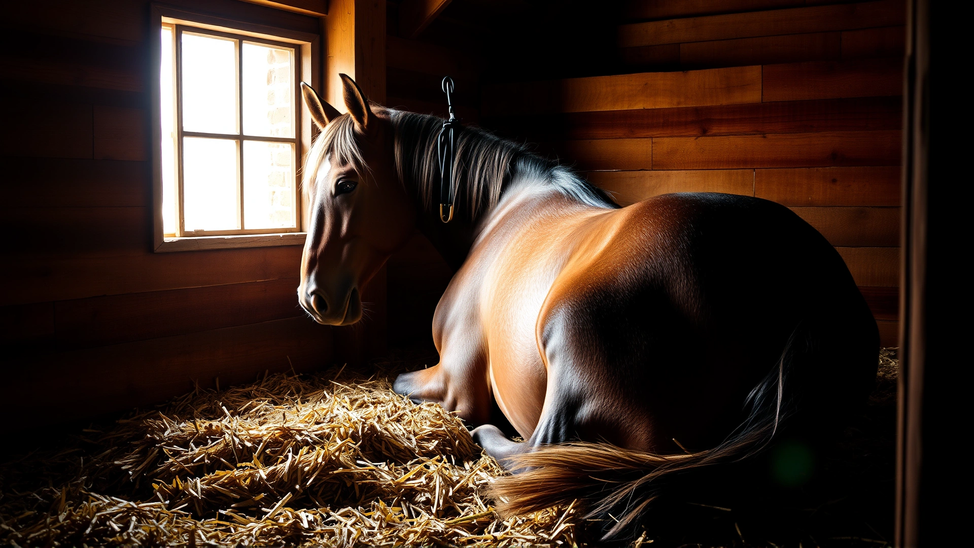 Pregnant mare quietly resting in a straw-lined stall, warm natural light entering from a side window