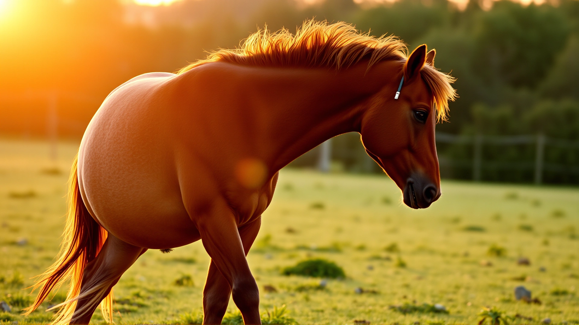 Side profile of a heavily pregnant mare walking calmly in a sunlit pasture at sunset, showing late gestation; warm tones; no text.