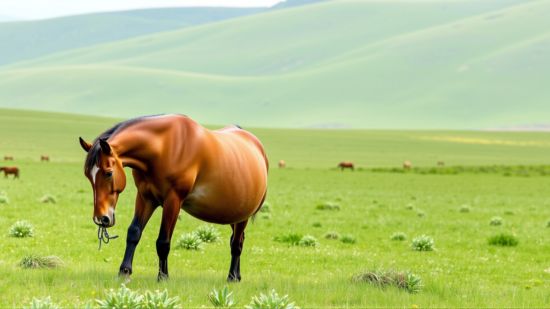 A pregnant mare grazing peacefully in an open green pasture with rolling hills in the background, early spring ambiance, no text.