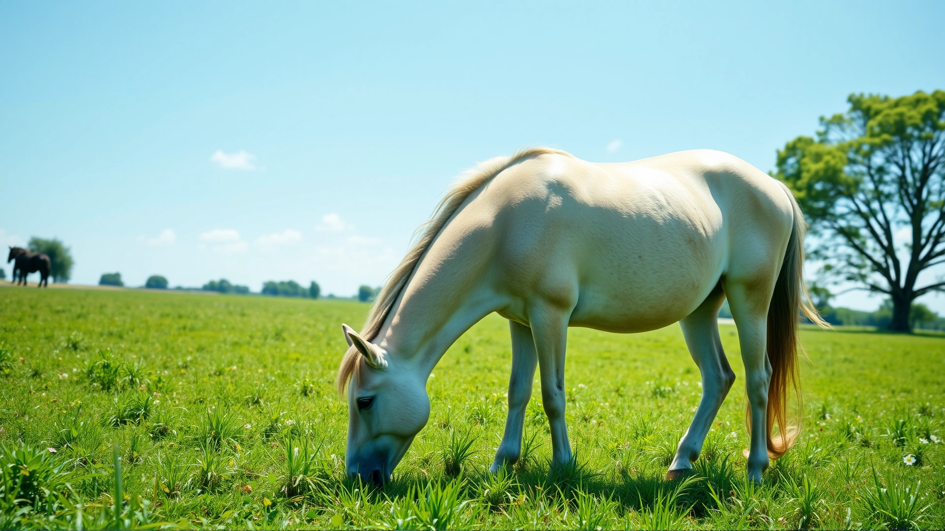 A healthy pregnant mare grazing peacefully in a lush green pasture under a clear sky, symbolizing prenatal care and prevention, no text