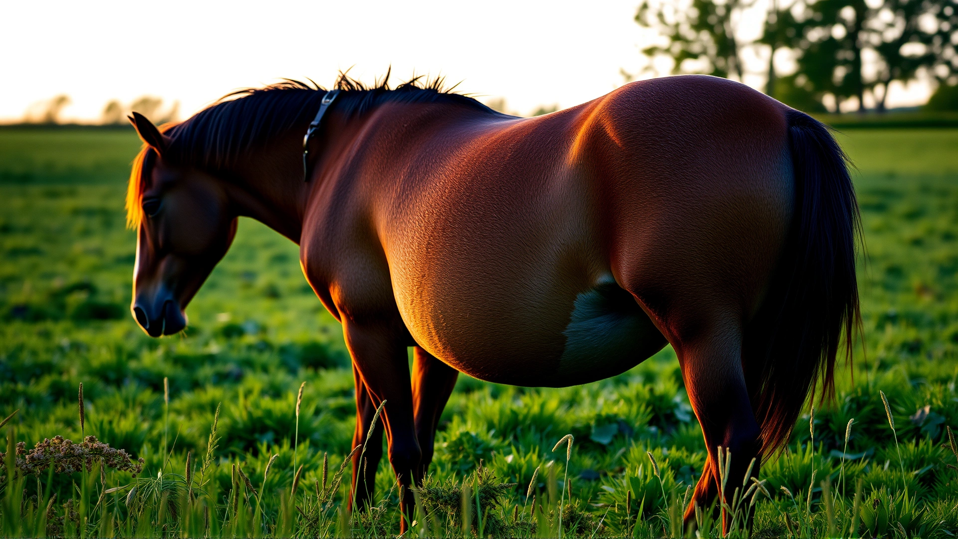Pregnant mare peacefully grazing in a green pasture during golden hour, visible rounded belly to illustrate pregnancy.
