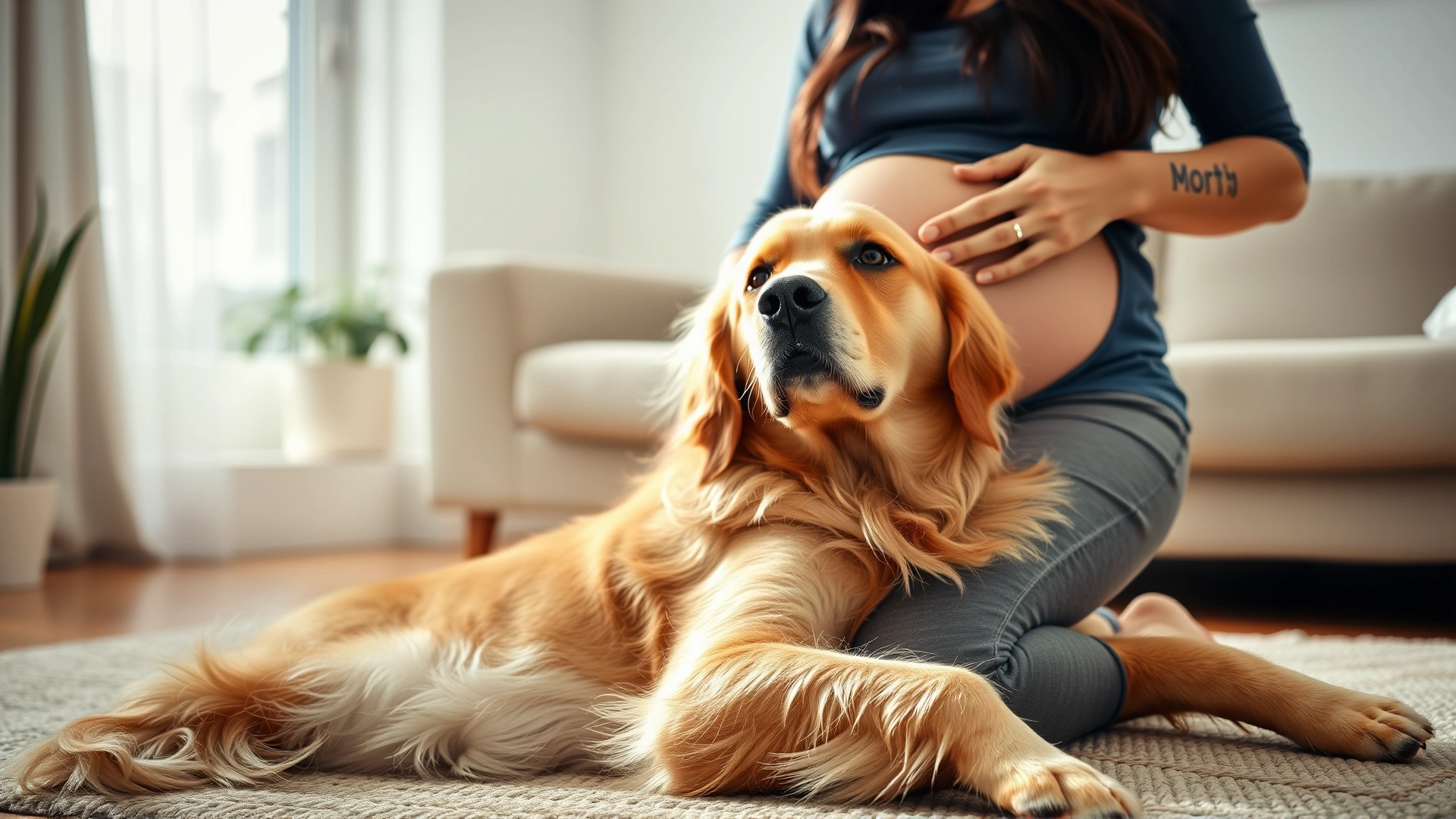 Golden retriever sitting beside a pregnant woman who is gently holding her belly, sunlit living room, sense of protection, no text
