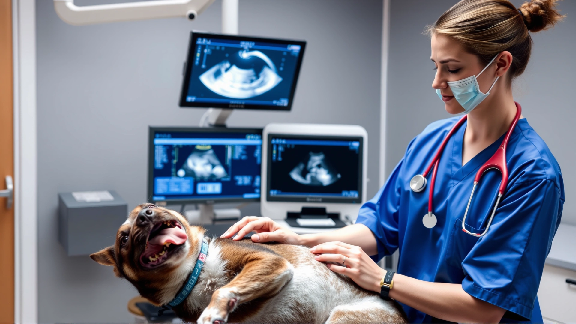 Veterinarian wearing blue scrubs performing an abdominal ultrasound on a pregnant dog in a modern veterinary clinic, ultrasound screen visible in background