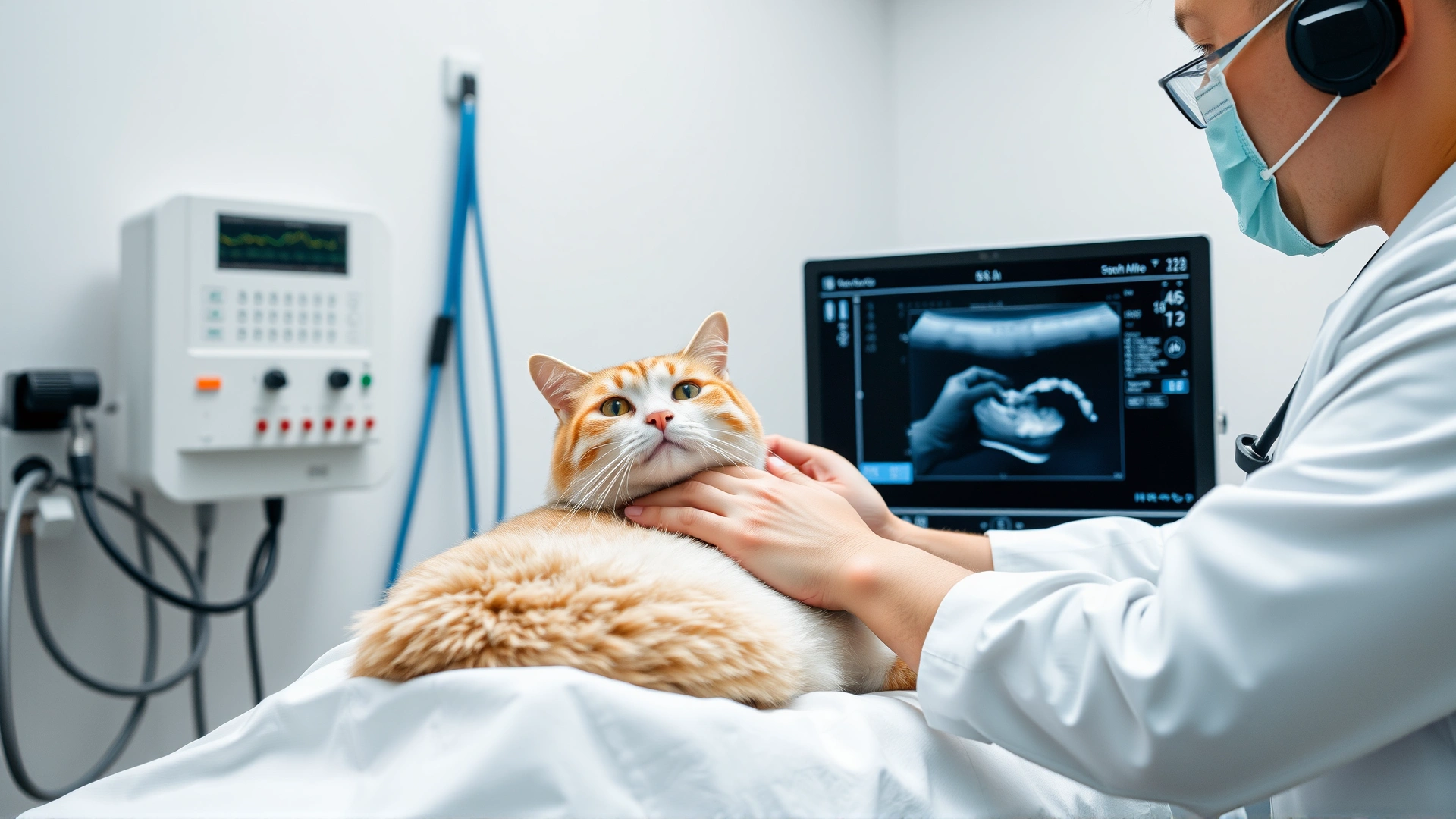 Veterinarian performing an abdominal ultrasound scan on a relaxed cat, medical equipment visible, clean clinical setting.