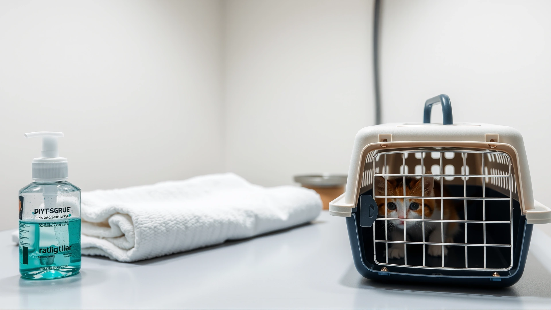 Well-lit tabletop setup with a folded towel, hand sanitizer, and a small kitten carrier, illustrating preparation for a kitten exam.