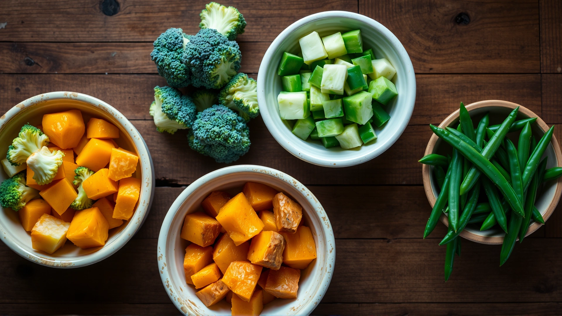Top-down view of steamed and chopped dog-safe vegetables (broccoli florets, sweet potato cubes, green beans) arranged in small ceramic bowls on a rustic wooden countertop.