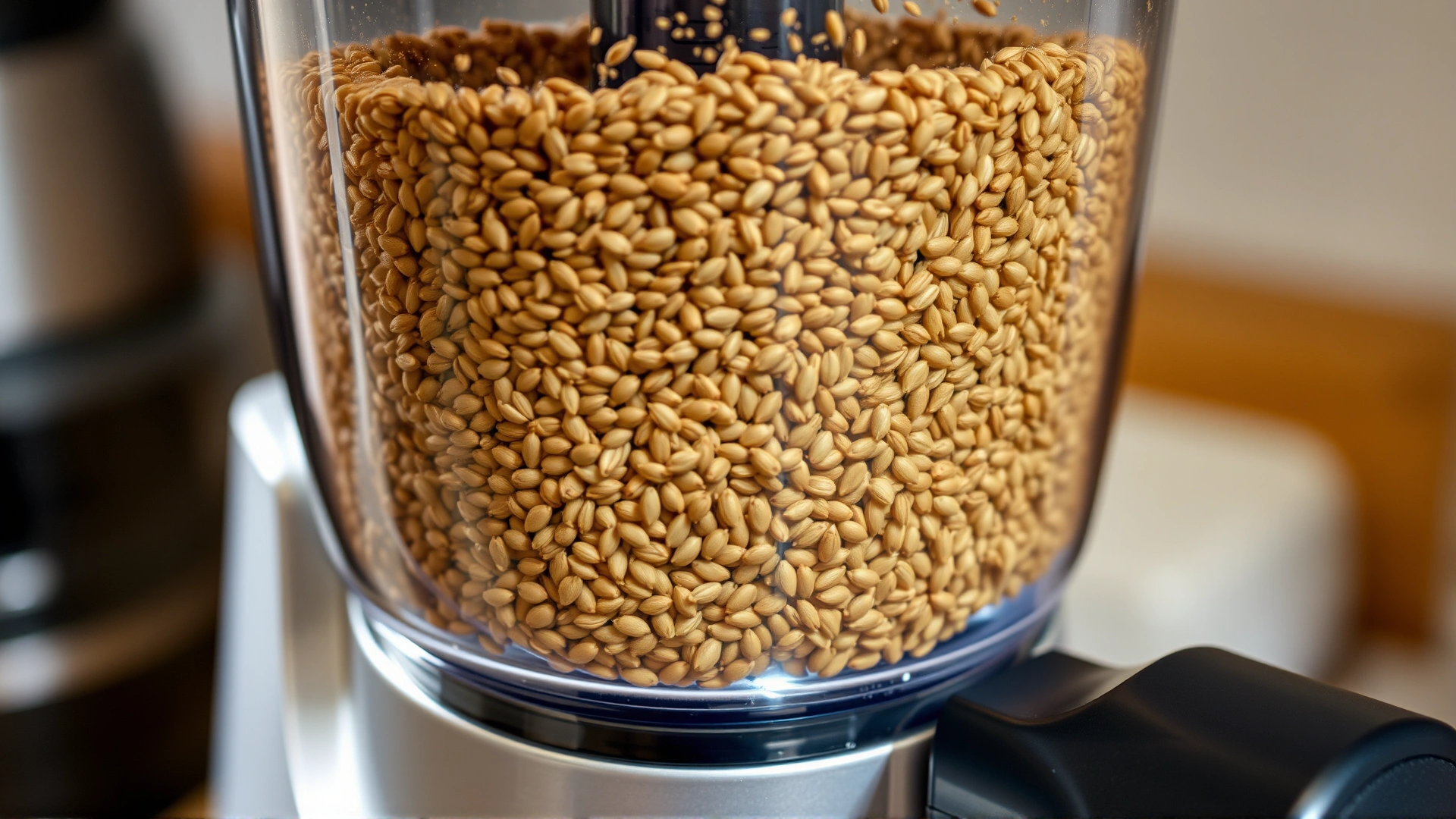 Electric spice grinder filled with flaxseeds halfway through grinding, kitchen counter scene, ambient light.