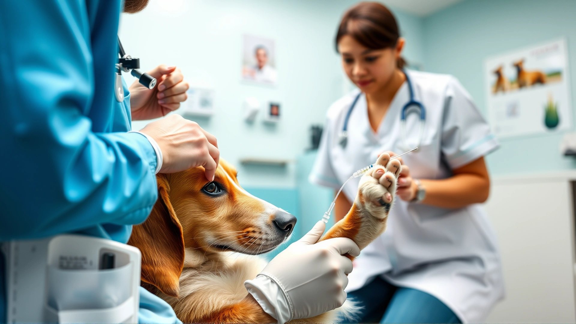 Veterinarian placing an intravenous catheter in a dog's paw while explaining procedure to the pet owner, in a bright examination room