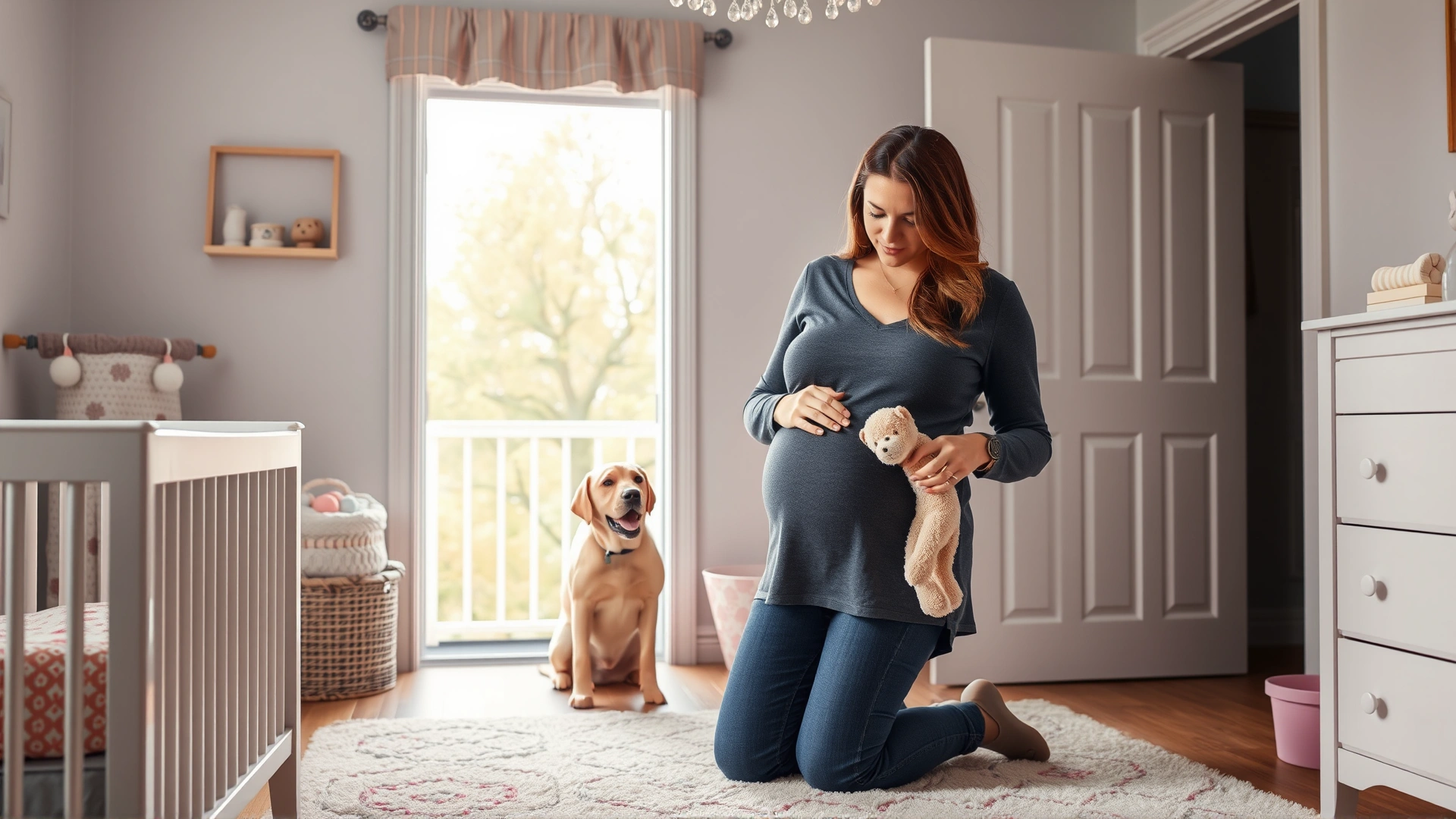 Pregnant woman placing a plush toy in a nursery while her obedient Labrador sits at the doorway watching; pastel nursery decor.